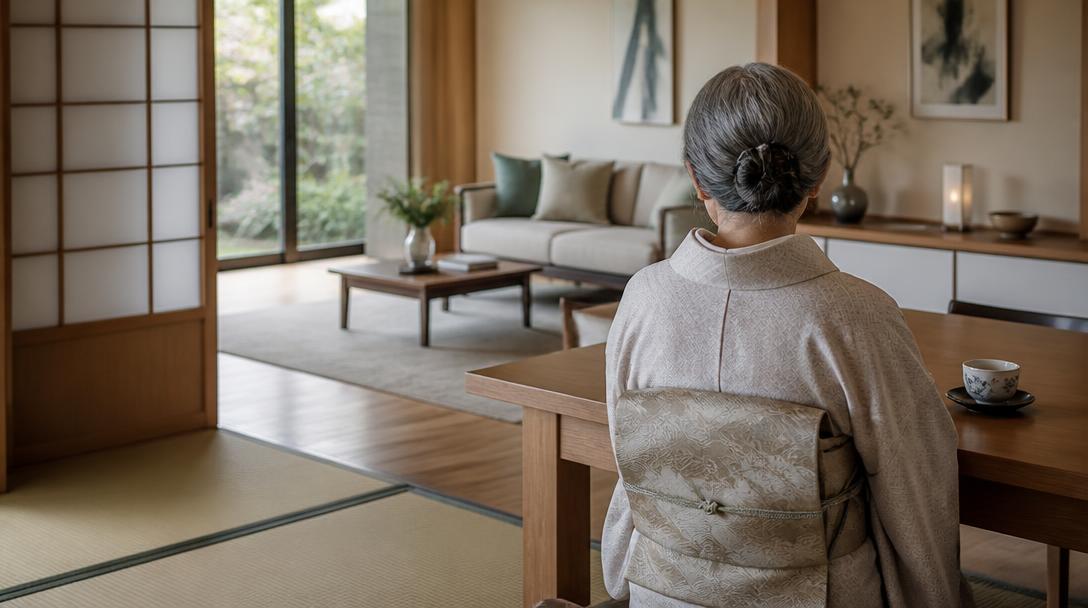 落ち着いた住まいで穏やかに過ごすご家族の後ろ姿