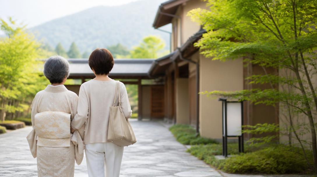 旅先の静かな小径を並んで歩くご家族の後ろ姿